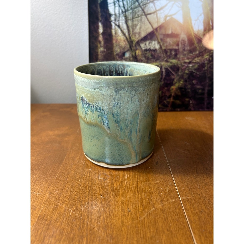 Studio Pottery Glazed Ceramic Tumbler Green Blue Drip Glaze Artist Signed SP 4in